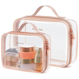 PACKISM Clear Makeup Bag - 2 Pack TSA Approved Toiletry Bag with Handle Large Opening, Clear Travel Bags for Toiletries, 1 Medium TSA Quart Carry-On & 1 Large for Checked Luggage, Rose Pink