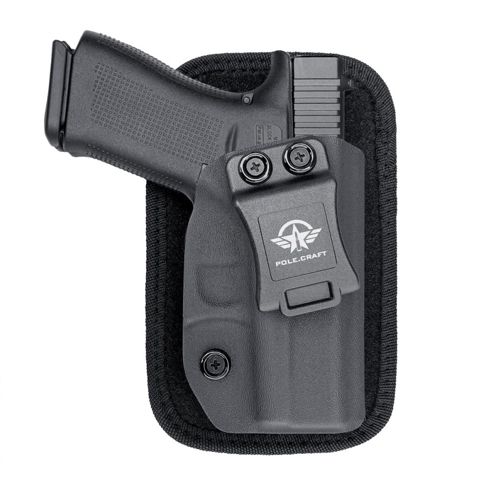 POLE.CRAFT IWB Kydex Holster Custom Fits: Glock 43 / Glock 43X - Inside Waistband Carry Holster - Adj. Cant Retention - Cover Mag-Button - No Wear - No Jitter (Black with Pad, Right Hand Draw (IWB))