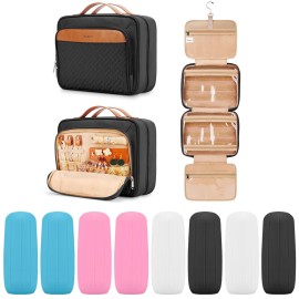 Travel Hanging Toiletry Bag for Women and Men, with 8 Leak Proofing Silicone Bottle Covers, Waterproof Makeup Accessories, Cosmetic Essentials, Cruise Ship Toiletries Bag with Jewelry Organizer, Black