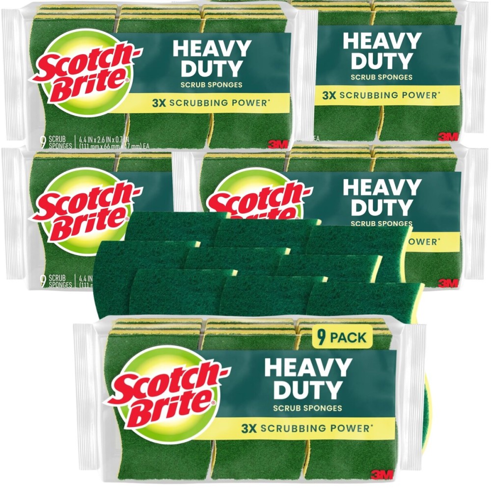 Scotch-Brite Heavy Duty Scrub Sponge, 45 Kitchen Sponges Designed for Tough Messes in The Kitchen That Last 3X Longer*, Best for Cast Iron Skillets and Outdoor Grills, Flexible, Durable, and Strong
