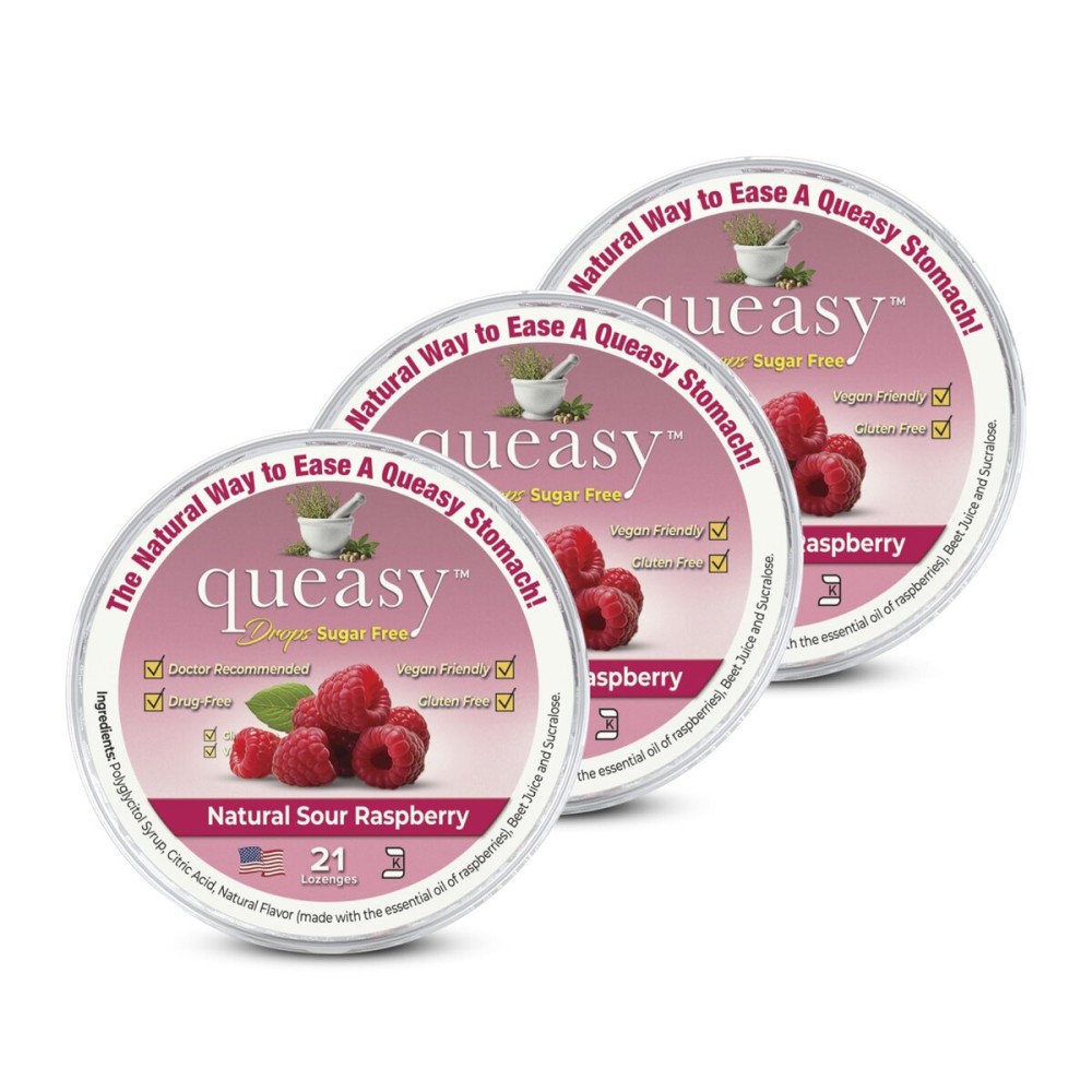 Three Lollies Queasy Drops Sugar Free - Natural Sour Raspberry Flavor - Ease Chemotherapy Nausea & Travel Sickness - Alleviates a Dry Mouth - Natural Ingredients - 21 ct (3-Pack)
