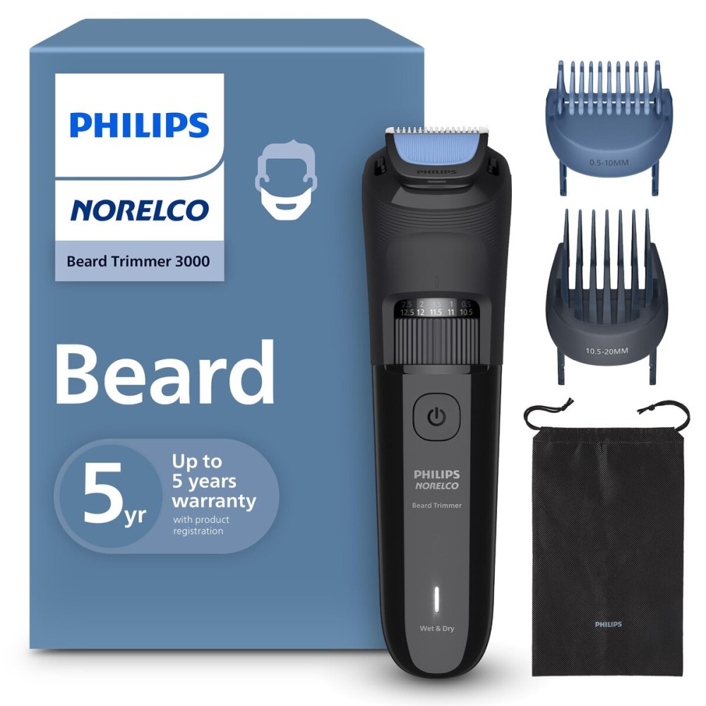 Norelco Philips 100% Waterproof Beard Trimmer 3000 Series with Self-Sharpening Blades, 40 Adjustable Beard Trimmer Length Settings & Two Lift&Trim Combs, USB Charging, BT3620/40