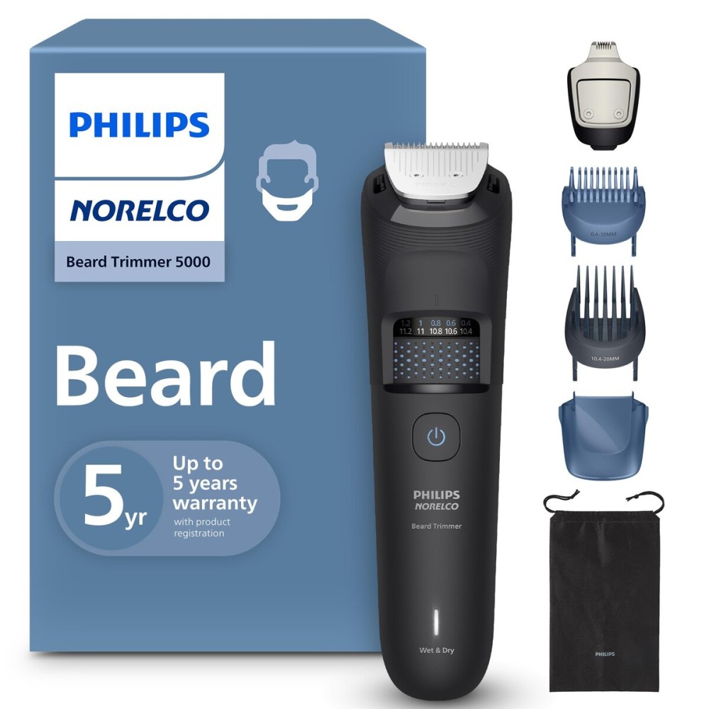 Norelco Philips Beard Trimmer 5000 Series, 100% Waterproof Beard Styler, Precision Dial with 40 Lock-in Trimming Settings, Self-Sharpening Metal Blades & Beard Hair Mess Collector, BT5775/40