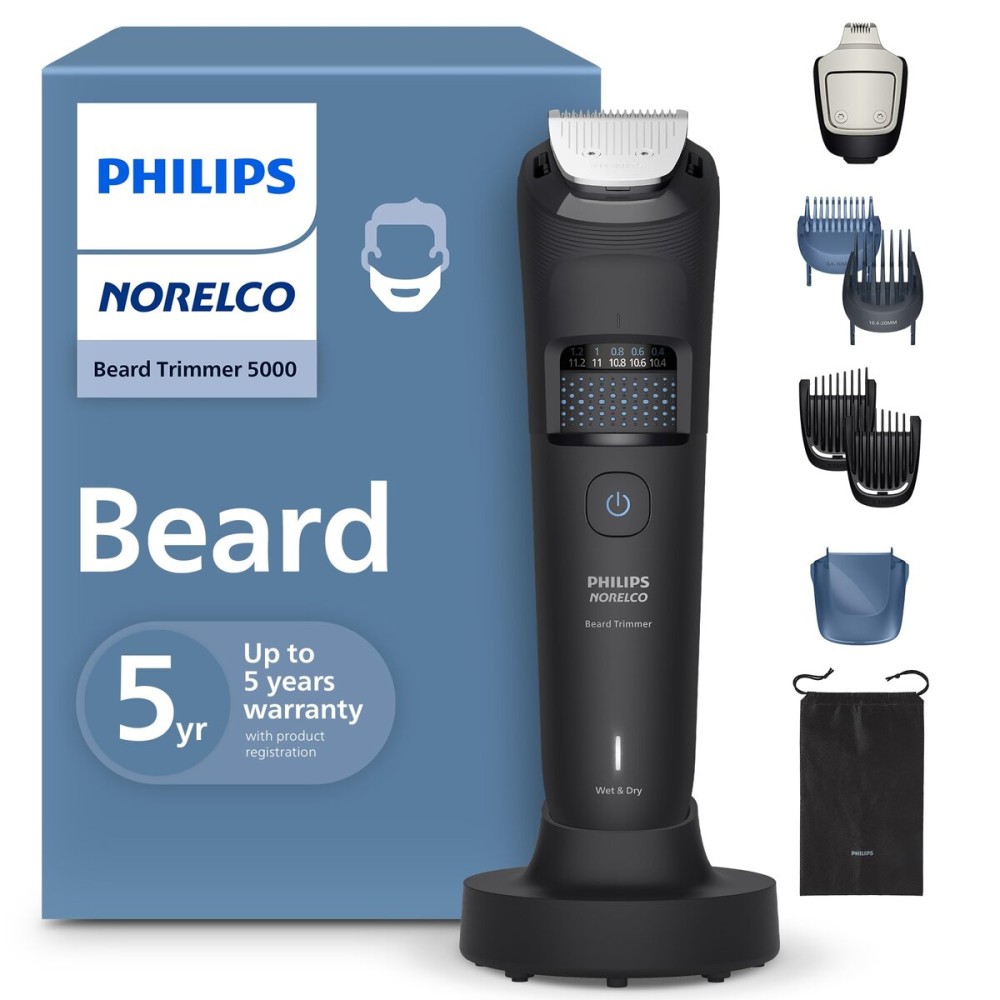 Philips Norelco Beard Trimmer 5000 Series, Men\'s Face Trimmer, 100% Waterproof BeardSense Tech, Precision Trimmer with Fading Combs, Self-Sharpening Blades, Hair Collector & Charging Stand, BT5785/40