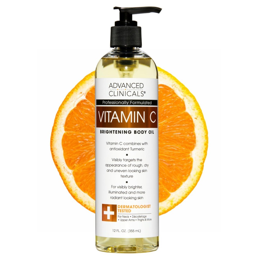 Advanced Clinicals Vitamin C Brightening Body Oil For Women & Men | Vitamin C Glow Oil Skin Care Body Moisturizer With Vitamin E + Botanicals To Help Improve Look Of Dark Spots + Dry Skin, 12 Fl Oz