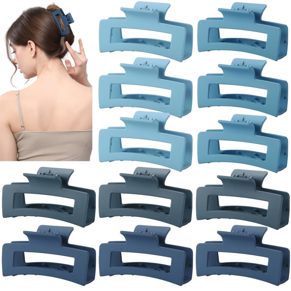 12 Pcs Blue Medium Hair Claw Clips for Women, 3.5 Inch Matte Square Jaw Clips, Strong Hold Non-Slip Hair Clips for Thick and Thin Hair