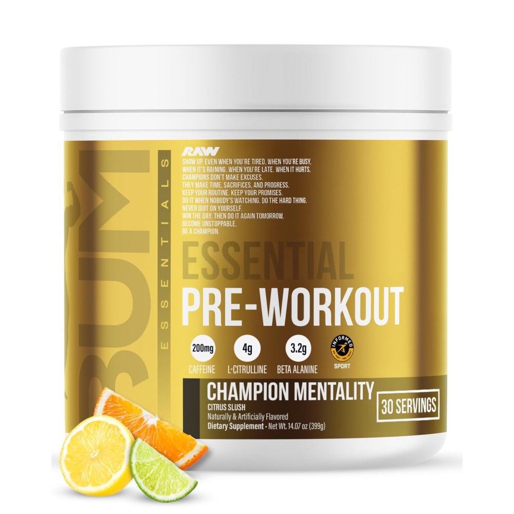 RAW Essential Pre-Workout Powder (Champion Mentality) - Chris Bumstead Sports Nutrition Supplement for Men & Women - Preworkout Energy Powder with Caffeine, L-Citrulline, L-Tyrosine & Beta Alanine