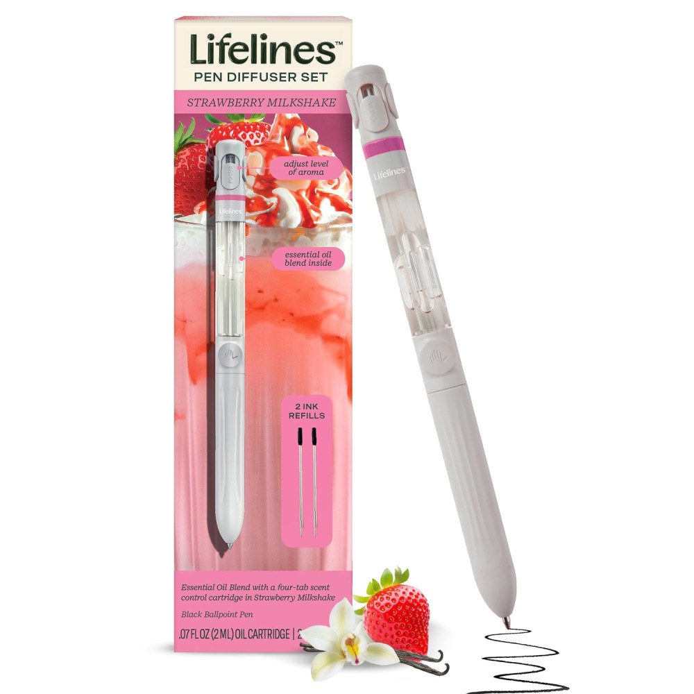 Lifelines Pen Diffuser Set, Strawberry Milkshake - 1mm Black Ballpoint Pen with Scented Essential Oil Blend & 2 Ink Refills - Aromatherapy Diffuser & Sensory Immersion Diffuse Aroma As You Write