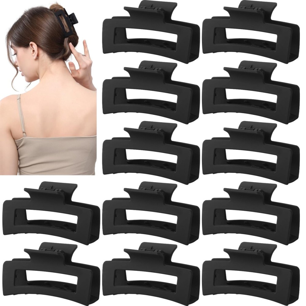 12 Pcs Medium Black Hair Claw Clips for Women, 3.5 Inch Matte Square Jaw Clips, Strong Hold & Non-Slip Hair Accessories for Thick and Thin Hair