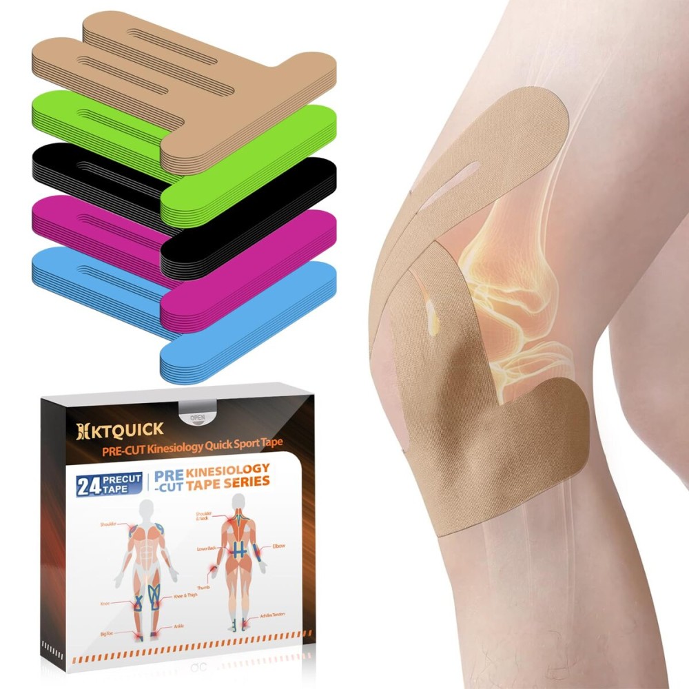 PreCut Kinesiology Tape for Knees, 24PCS Waterproof KTQUICK Knee Tape for Knee Pain Relief Pre Cut, Original Cotton Athletic Knee Tape, Waterproof & Hypoallergenic Latex-Free for Sports(Beige)