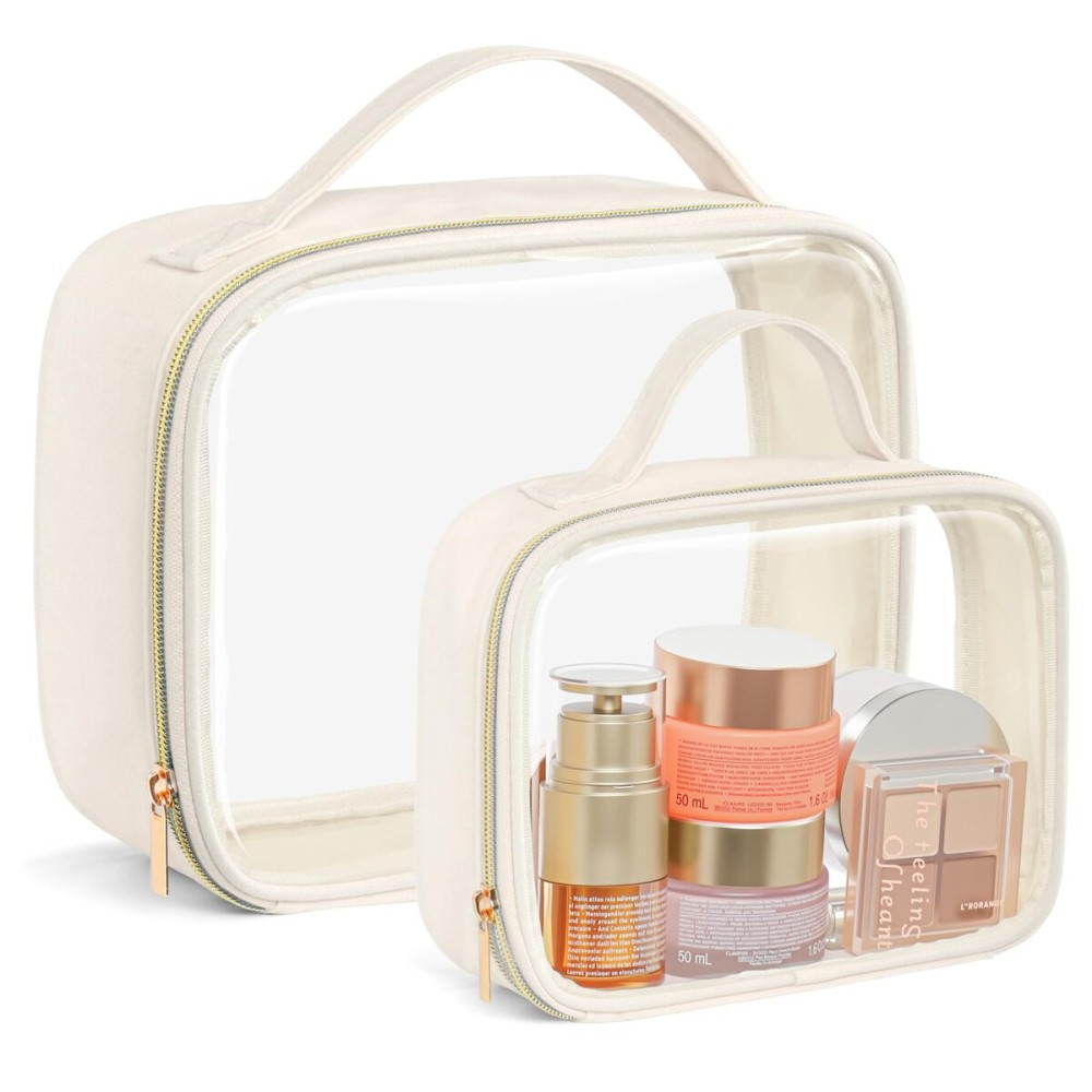 PACKISM Clear Makeup Bag - 2 Pack TSA Approved Toiletry Bag with Handle and Large Opening, Clear Travel Bags for Toiletries, 1 Medium TSA Quart Carry-On & 1 Large for Checked Luggage, Creamy Off-White