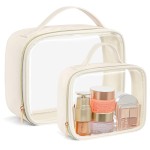 PACKISM Clear Makeup Bag - 2 Pack TSA Approved Toiletry Bag with Handle and Large Opening, Clear Travel Bags for Toiletries, 1 Medium TSA Quart Carry-On & 1 Large for Checked Luggage, Creamy Off-White