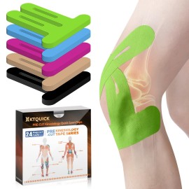 PreCut Kinesiology Tape for Knees, 24PCS Waterproof KTQUICK Knee Tape for Knee Pain Relief Pre Cut, Original Cotton Athletic Knee Tape, Waterproof & Hypoallergenic Latex-Free for Sports(Green)