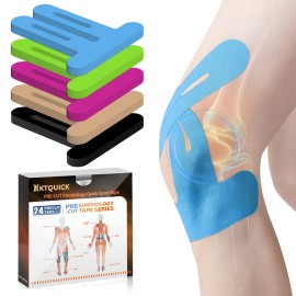 PreCut Kinesiology Tape for Knees, 24PCS Waterproof KTQUICK Knee Tape for Knee Pain Relief Pre Cut, Original Cotton Athletic Knee Tape, Waterproof & Hypoallergenic Latex-Free for Sports(Blue)