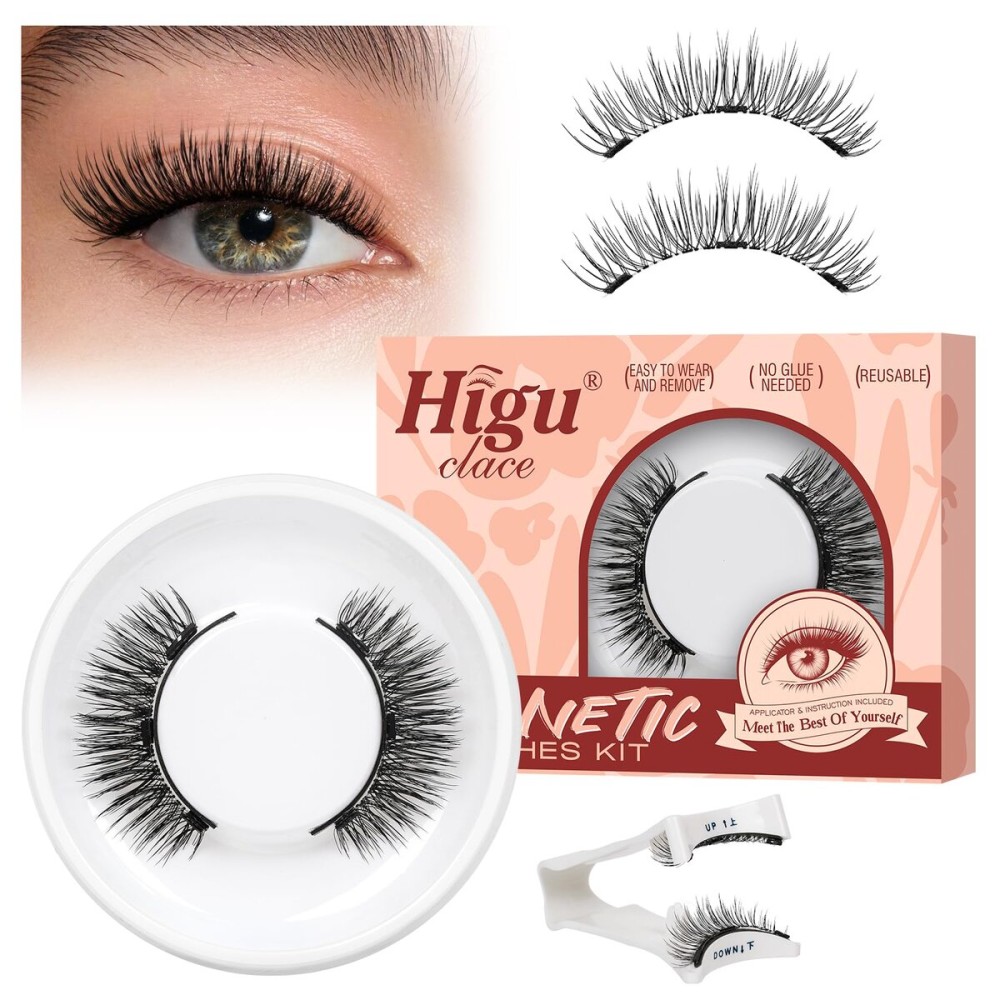 Higu clace Magnetic Eyelashes with Applicator, 1 Pair Reusable Magnetic Lashes Without Eyeliner, Magnetic Eyelashes Natural Look, No Glue Needed (XTY-A)