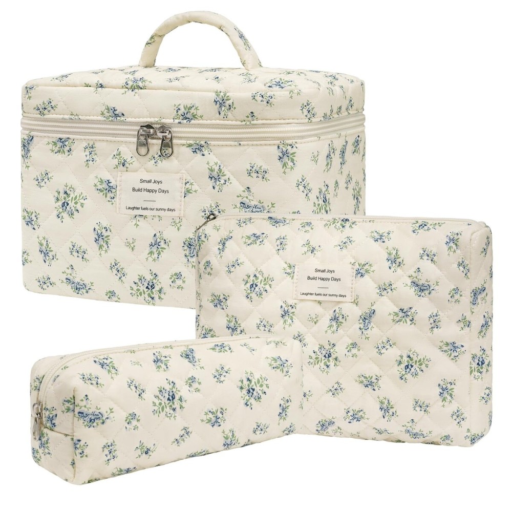 Makeup Bag,Quilted Cosmetic Bags,Large Floral Make Up Organize bag,Makeup Bag Set for Women,Flower Travel Toiletry Bag