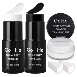 Go Ho White and Black Face Paint Stick with Setting Powder,2 PC White Sponges Set,Waterproof Full-coverage Face Body Paint for Halloween Costumes Clown Skeleton Vampire Skull Cosplay Makeup