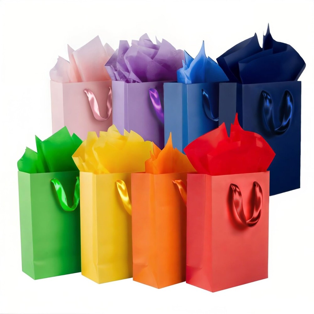 SHIPKEY 8 Rainbow Gift Bags with Tissue Paper, 8x4x11in Colorful Paper Bags for Birthday, Party, Wedding, Baby Shower, Thanksgiving (8 Colors, 20x10x28cm)