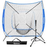 Gonex 7\' x 7\' Baseball Softball Practice Net Set with Batting Tee for Hitting and Pitching Batting, Practice Training Aid, with Strike Zone, Large Mouth, Bow Frame, Carrying Bag, Royal