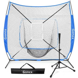 Gonex 7\' x 7\' Baseball Softball Practice Net Set with Batting Tee for Hitting and Pitching Batting, Practice Training Aid, with Strike Zone, Large Mouth, Bow Frame, Carrying Bag, Royal