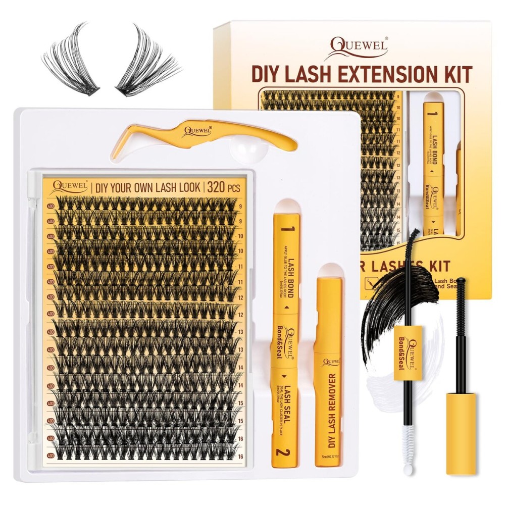 QUEWEL Lash Clusters Kit, 320 Pcs 40D Lash Cluster Eyelash Extensions 9-16mm Lash Clusters Wispy Kit with Eyelash Clusters Bond and Seal Glue Remover Tweezers (40D Kit)