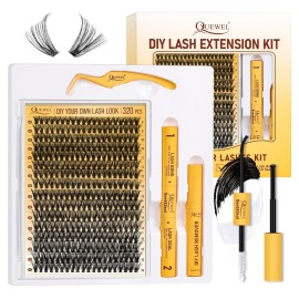QUEWEL Lash Clusters Kit, 320 Pcs 40D Lash Cluster Eyelash Extensions 9-16mm Lash Clusters Wispy Kit with Eyelash Clusters Bond and Seal Glue Remover Tweezers (40D Kit)