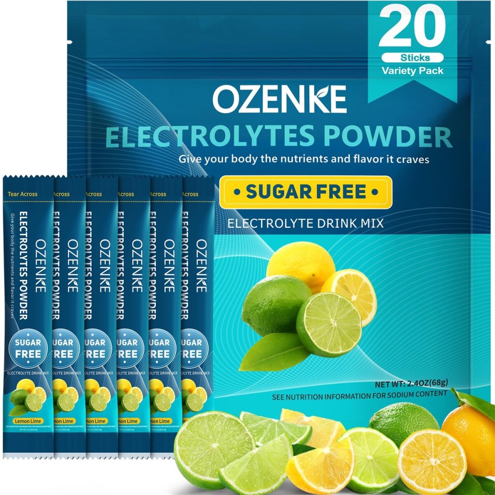 OZENKE Electrolytes Powder Packets, Hydration Packets, Electrolyte Drink Mixes for Rapid Hydration, 7 Flavors, 0 Sugar, 0 Calorie (20 Servings (Pack of 1), Lemon Lime)