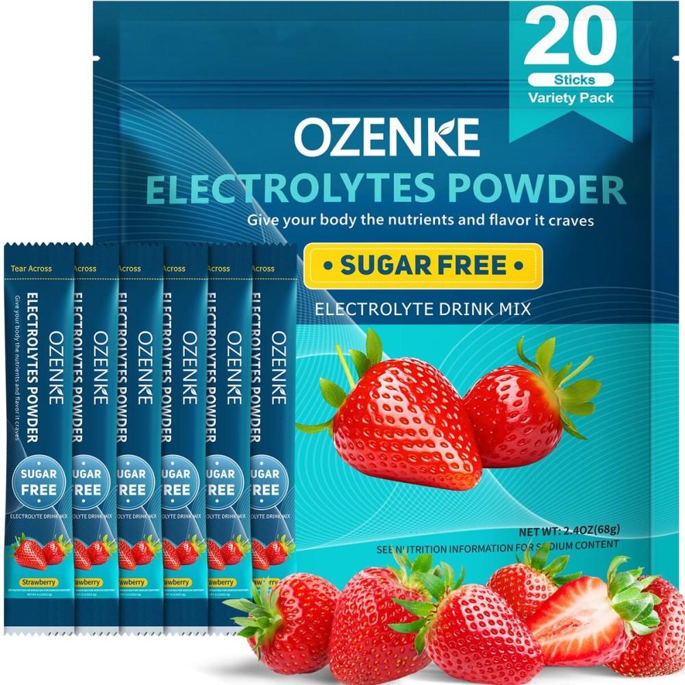 OZENKE Electrolytes Powder Packets, Hydration Packets, Electrolyte Drink Mixes for Rapid Hydration, 7 Flavors, 0 Sugar, 0 Calorie (20 Servings (Pack of 1), Strawberry)