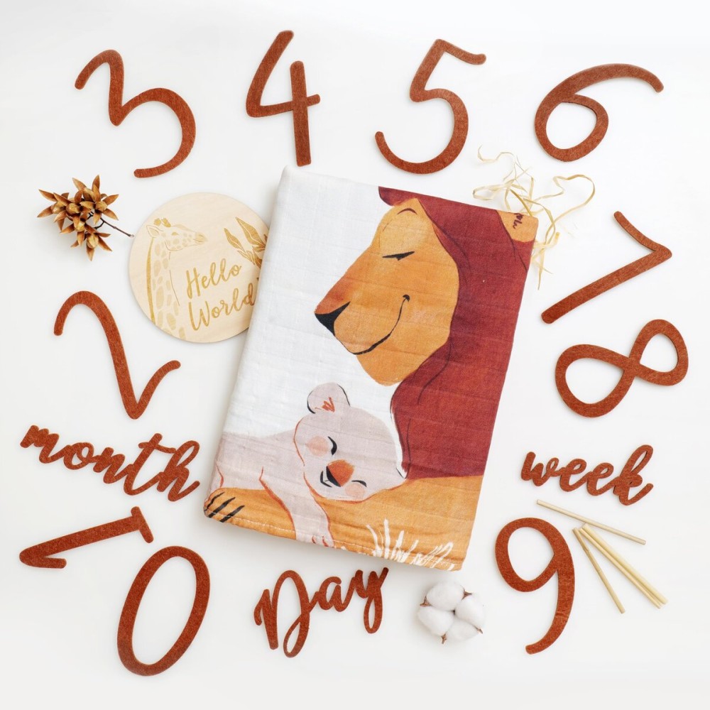 Miaoberry Safari Baby Milestone Blanket, Africa Jungle Theme Monthly Photo Growth Tracker with Giraffe, Lion, Elephant with Hello World Sign