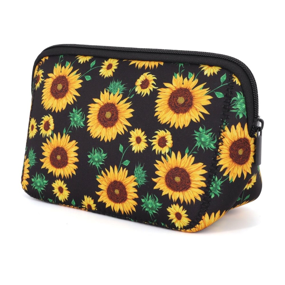 AJLTPA Cosmetic Bag Waterproof Neoprene Zipper Pouch Travel Portable Toiletry Makeup Bags Organizer Case for Women and Girls, Black Sunflower