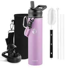 RAYMYLO Insulated Water Bottle 24oz, Triple Wall Vacuum Stainless Steel (Cold for 48 Hrs, Hot for 24Hrs), Leak Proof & Non-BPA, 24oz Hydro Water Flask with Paracord Handle & Straw Spout Lids