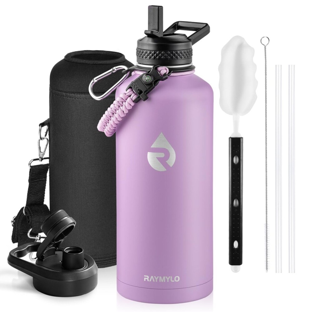 RAYMYLO Insulated Water Bottle 87 oz, Triple Wall Vacuum Stainless Steel (Cold for 48 Hrs), Leak Proof & Non-BPA, Modern Water Flask Jug with Paracord Handle & Straw Spout Lids, Lilac