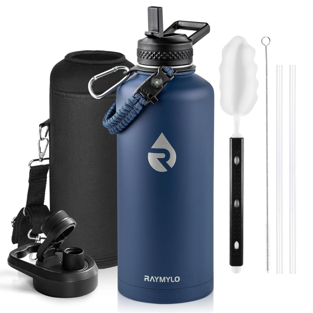 RAYMYLO Insulated Water Bottle 87 oz, Triple Wall Vacuum Stainless Steel (Cold for 48 Hrs), Leak Proof & Non-BPA, Modern Water Flask Jug with Paracord Handle & Straw Spout Lids, Navy Blue
