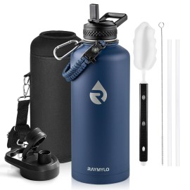 RAYMYLO Insulated Water Bottle 87 oz, Triple Wall Vacuum Stainless Steel (Cold for 48 Hrs), Leak Proof & Non-BPA, Modern Water Flask Jug with Paracord Handle & Straw Spout Lids, Navy Blue