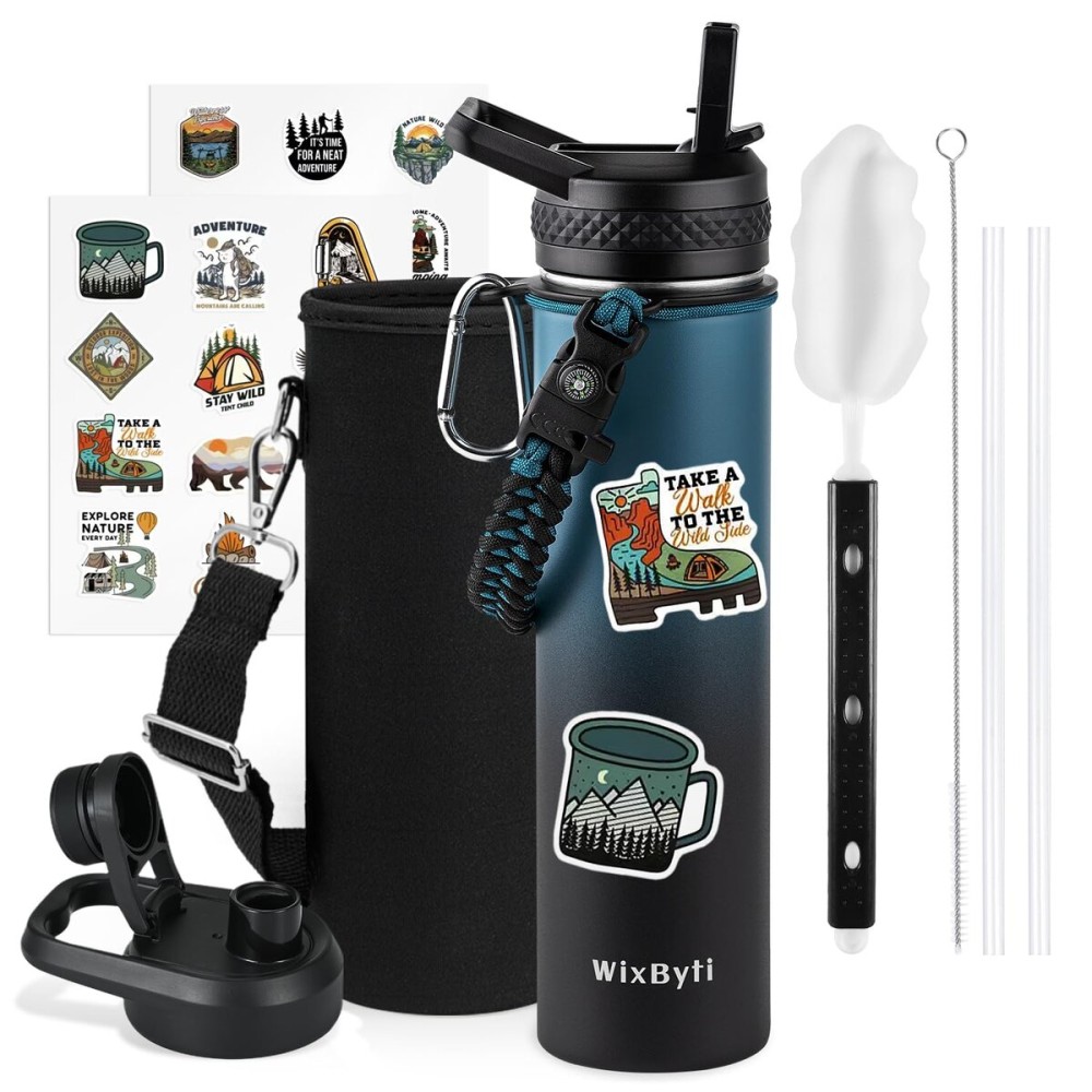 WixByti 24 oz Insulated Water Bottle with Straw (Cold for 48 Hrs), Stainless Steel Triple Wall Vacuum Sports Water Jug, Leakproof Hydro Cup Flask with Paracord Handle & Straw Spout Lids & DIY Stickers