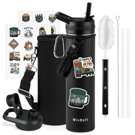 WixByti 24 oz Insulated Water Bottle with Straw (Cold for 48 Hrs), Stainless Steel Triple Wall Vacuum Sports Water Jug, Leakproof Hydro Cup Flask with Paracord Handle & Straw Spout Lids & DIY Stickers