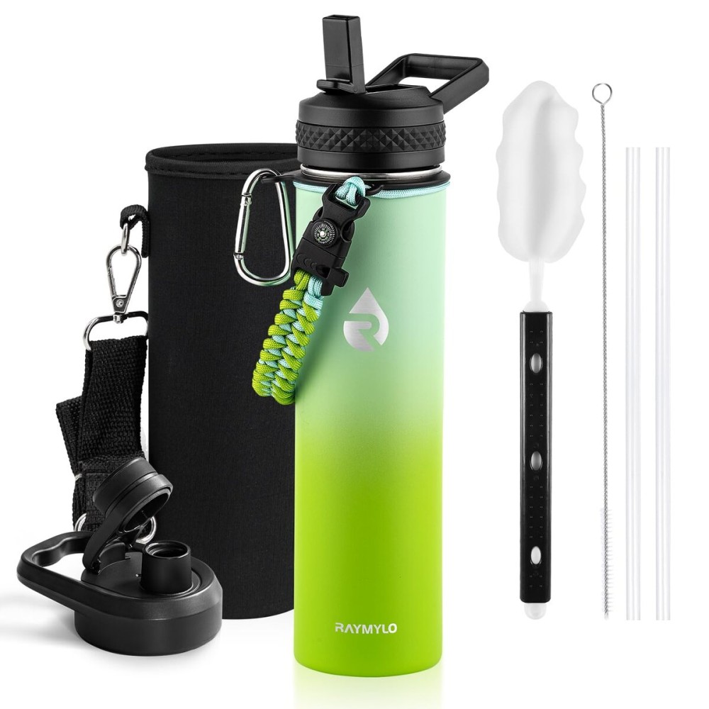 RAYMYLO Insulated Water Bottle 24oz, Triple Wall Vacuum Stainless Steel (Cold for 48 Hrs, Hot for 24Hrs), Leak Proof & Non-BPA, 24oz Hydro Water Flask with Paracord Handle & Straw Spout Lids