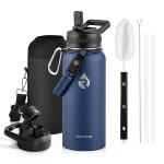 RAYMYLO Insulated Water Bottle 32 oz, Triple Wall Vacuum Stainless Steel (Cold for 48 Hrs), Leak Proof & Non-BPA, Modern Water Flask Jug with Paracord Handle & Straw Spout Lids, Navy Blue