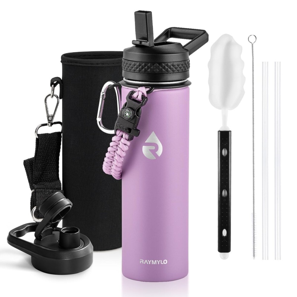 RAYMYLO Insulated Water Bottle 20 oz, Triple Wall Vacuum Stainless Steel (Cold for 48 Hrs), Leak Proof & Non-BPA, Kids Water Bottle Jug for School with Straw Spout Lids, Lilac