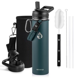 RAYMYLO Insulated Water Bottle 24oz, Triple Wall Vacuum Stainless Steel (Cold for 48 Hrs, Hot for 24Hrs), Leak Proof & Non-BPA, 24oz Hydro Water Flask with Paracord Handle & Straw Spout Lids