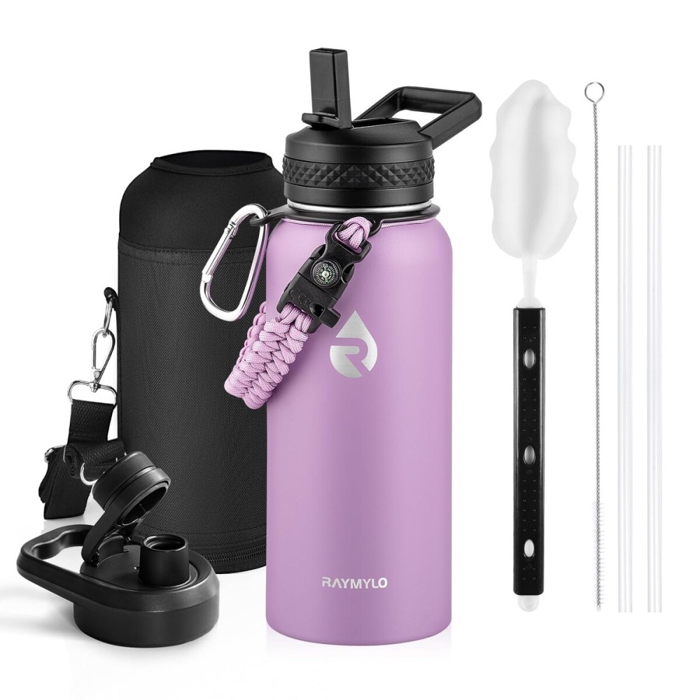 RAYMYLO Insulated Water Bottle 32 oz, Triple Wall Vacuum Stainless Steel (Cold for 48 Hrs), Leak Proof & Non-BPA, Modern Water Flask Jug with Paracord Handle & Straw Spout Lids, Lilac