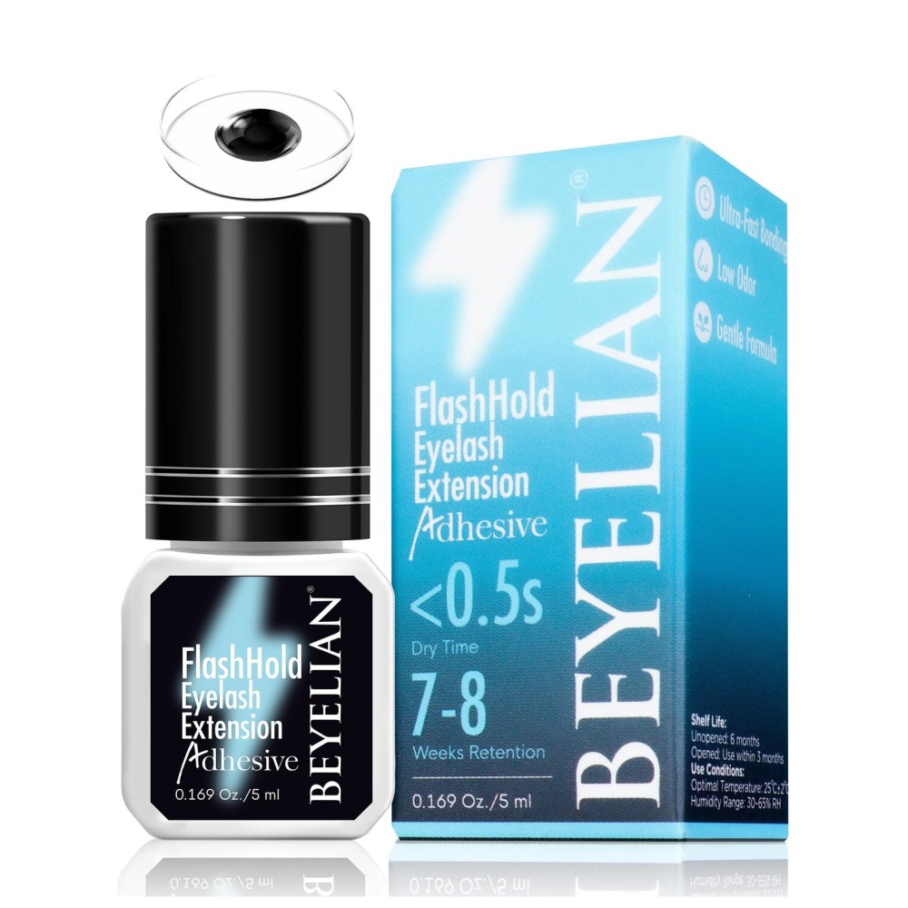 BEYELIAN Sensitive Eyelash Extension Glue 0.17fl.oz/5ml / 0.5Sec Drying Time/Retention - 7-8 Weeks/Black Adhesive/Hypoallergenic Formaldehyde-Free Lash Extension Glue for Professional Use Only