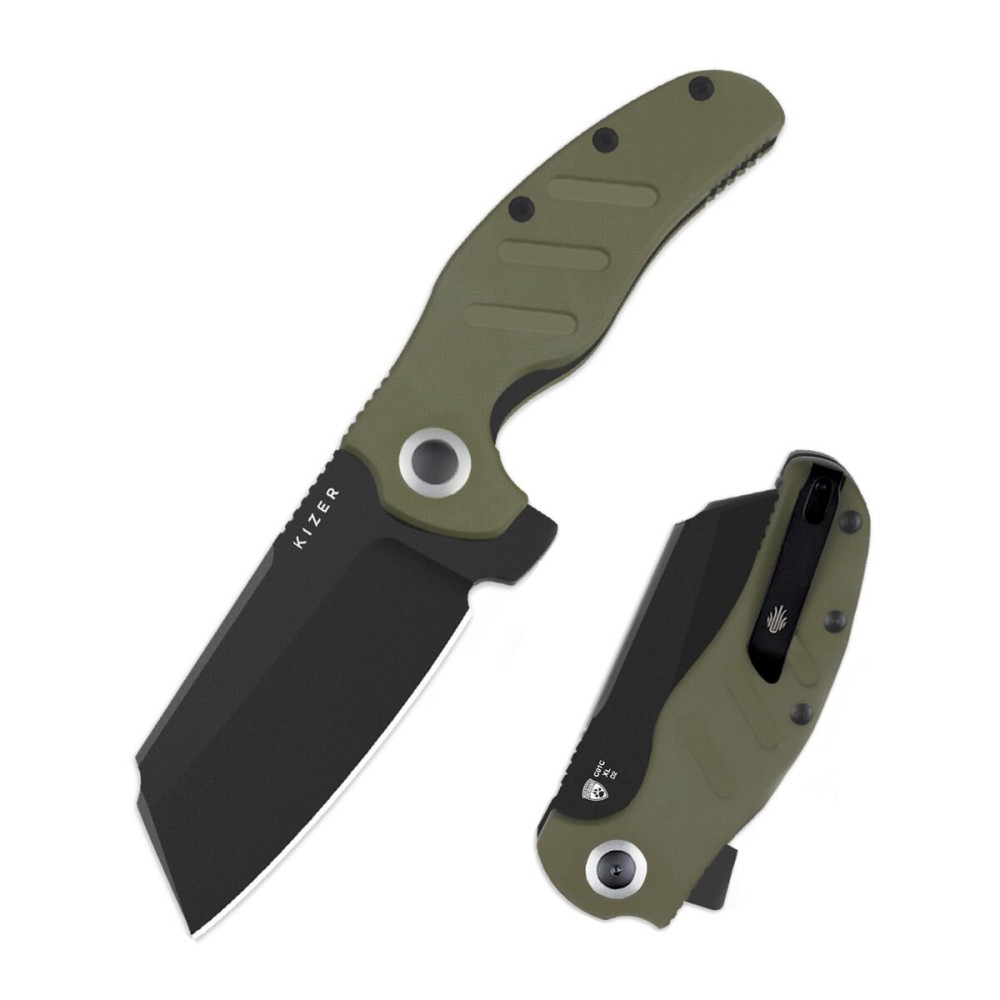 Kizer C01C XL Sheepdog Pocket Knife, 3.9 D2 Sheepsfoot Blade EDC Folding Knife with Green G10 Handle, Liner Lock, Flipper, and Pocket Clip, Camping Survival Knives for Men Women, V5488M1