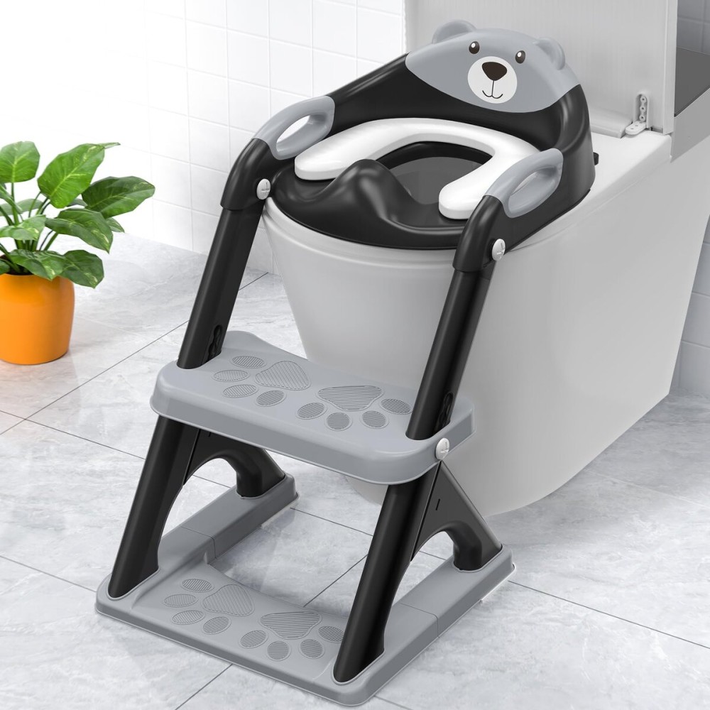 Potty Training Seat SKYROKU Potty Training Toilet with Step Stool Ladder, for Kids Boys Girls Toddlers - Comfortable Safe Potty Seat with Anti-Slip Pads Ladder (8898 Black)