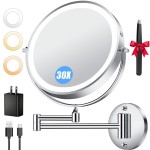 9\'\' 30X/1X Wall Mounted Lighted Makeup Mirror, 5000mAh Rechargeable Double-Sided Magnifying Mirror with Light, Vanity Mirror Touch Dimmable 3 Colors 360 Rotation Extended Foldable Arm, Power Adapter