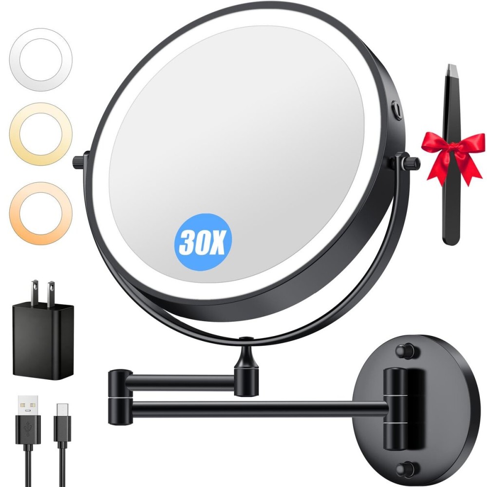 9\'\' 30X/1X Wall Mounted Lighted Makeup Mirror, 5000mAh Rechargeable Double-Sided Magnifying Mirror with Light, Vanity Mirror Touch Dimmable 3 Colors 360 Rotation Extended Foldable Arm, Power Adapter