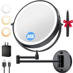 9\'\' 30X/1X Wall Mounted Lighted Makeup Mirror, 5000mAh Rechargeable Double-Sided Magnifying Mirror with Light, Vanity Mirror Touch Dimmable 3 Colors 360 Rotation Extended Foldable Arm, Power Adapter