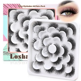 Losha Lashes Wispy False Eyelashes Natural Look Cat Eye Lashes 10 Pairs Fluffy Fake Eyelashes Fox Eye Lashes Soft Faux Mink Lashes Handmade Reusable Strip Lashes Pack (LA9)