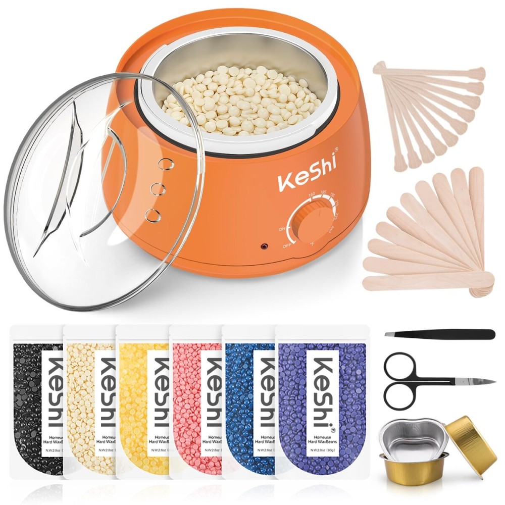 KeShi Waxing Kit, Painless Hair Removal Wax Warmer with 6 Bags Hard WaxBeans for Full Body, Legs, Face, Eyebrows & Bikini- Ideal for Both Women & Men(Orange)