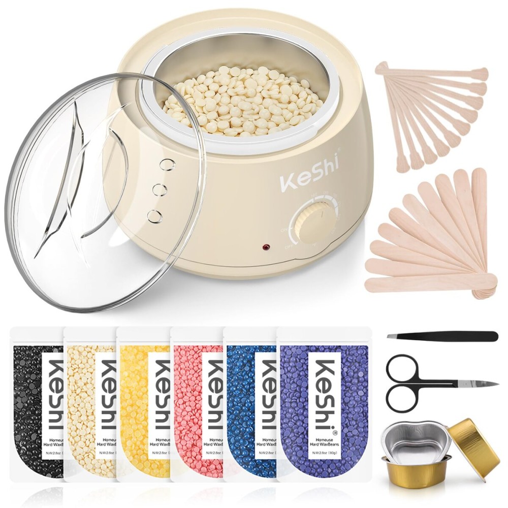 KeShi Waxing Kit, Painless Hair Removal Wax Warmer with 6 Bags Hard WaxBeans for Full Body, Legs, Face, Eyebrows & Bikini- Ideal for Both Women & Men(Cream)